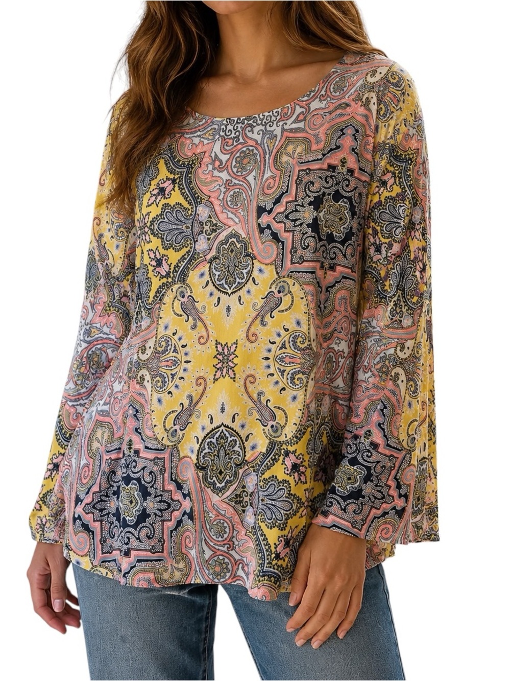 MIDNIGHT VELVET Paisley Bell Sleeve Boho Casual Tunic Top